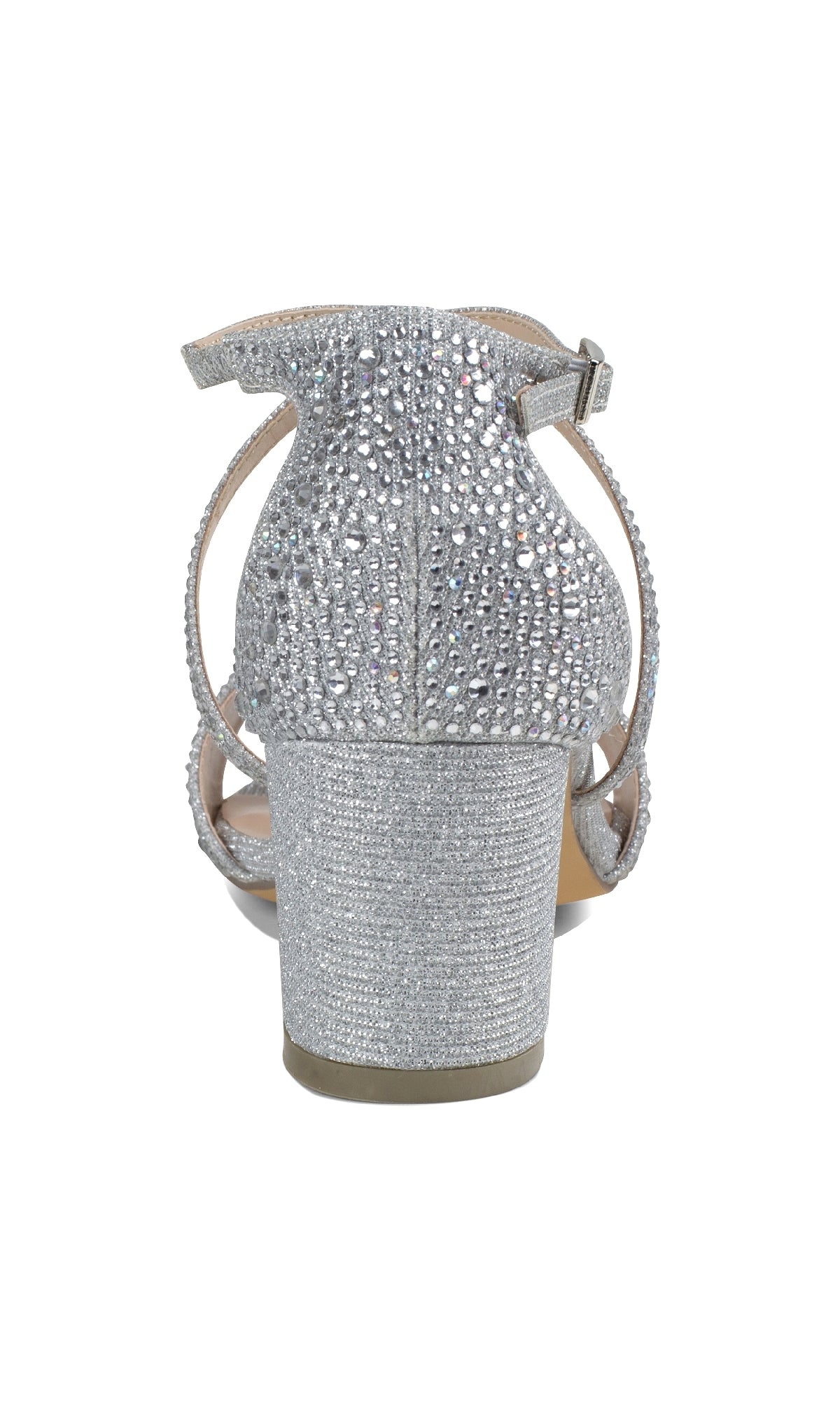 Rear view of Ines Silver Prom Shoes by Paradox London (P2211): a block heel design, fully covered in rhinestones, featuring an ankle strap with a small buckle.